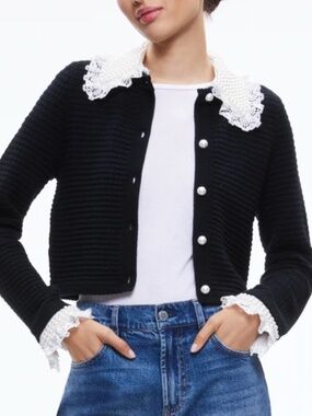NOELLA EMBELLISHED COLLARED CARDIGAN - BLACK KNIT WITH PEARLS